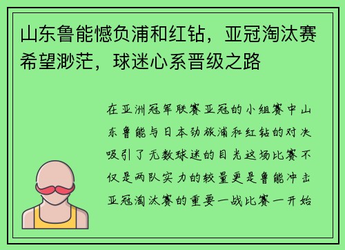 山东鲁能憾负浦和红钻，亚冠淘汰赛希望渺茫，球迷心系晋级之路