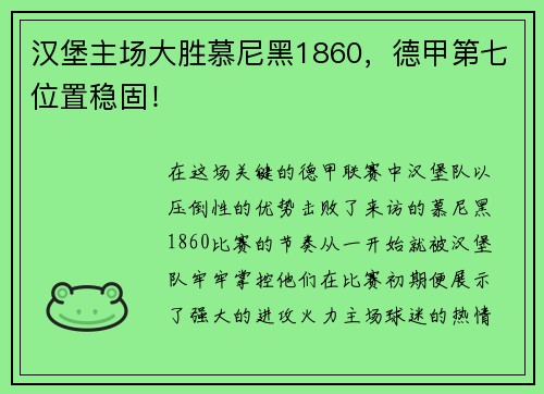 汉堡主场大胜慕尼黑1860，德甲第七位置稳固！